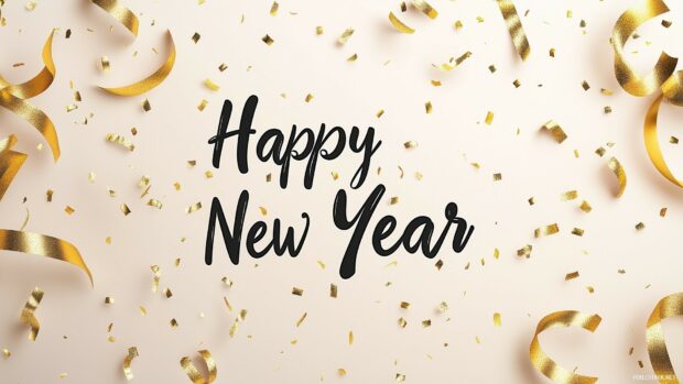 Golden ribbons and confetti celebrate the New Year in a festive setting