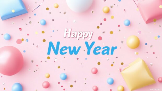 Colorful New Year confetti and decorations on pink surface with Happy New Year text