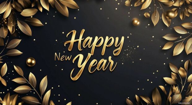 Golden leaves and spheres surrounding elegant Happy New Year calligraphy on dark background