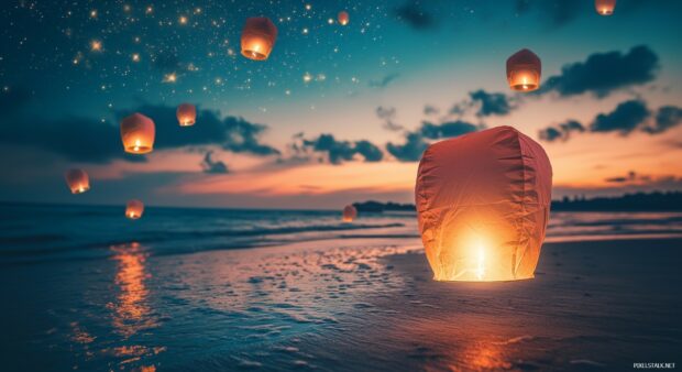 Sky lanterns floating over the ocean at sunset for happy new year celebration