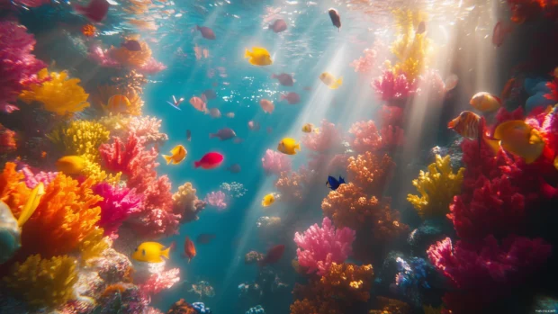 A colorful underwater tropical coral reef with vibrant exotic fish swimming around, coral of various shapes and colors.