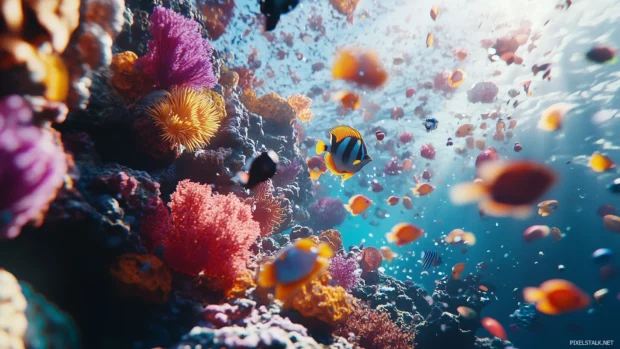 A colorful underwater tropical coral reef with vibrant exotic fish swimming around, coral of various shapes and colors, including red, blue, yellow, and pink.