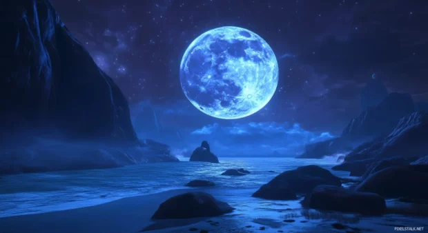 A mesmerizing Blue Moon glowing softly above a tranquil ocean, with its cool blue light reflecting off the water.