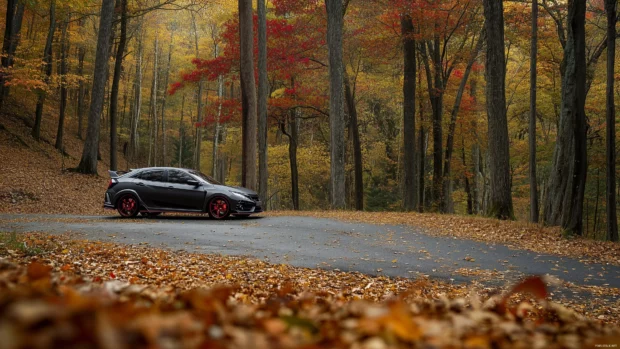A modified Honda Civic Type R in matte black, parked in a quiet, scenic mountain road with autumn colors surrounding the car.