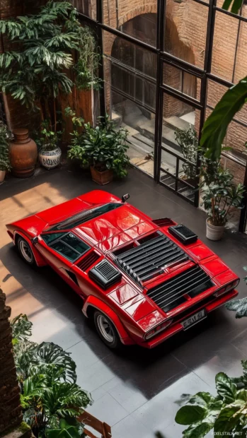A red Lamborghini Countach parked in a retro style garage with vintage decor.
