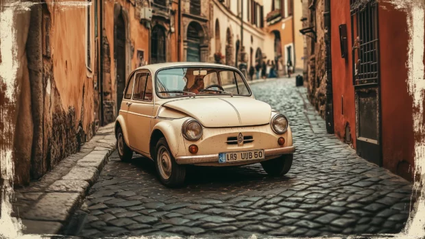 A retro Fiat 500 driving through a narrow cobblestone street, framed in an aged Polaroid style with vintage filters.