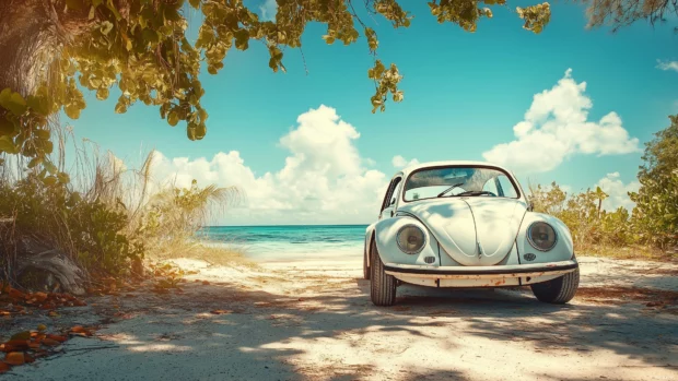 A vintage Volkswagen Beetle parked at a beach, photographed with a Polaroid filter and slightly worn edges .