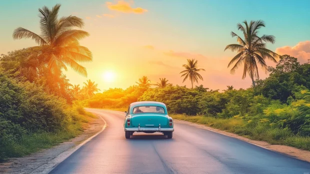 A vintage car driving through a lush countryside, with colorful retro signage on the roadsides and a bright, cheerful sky in the background.