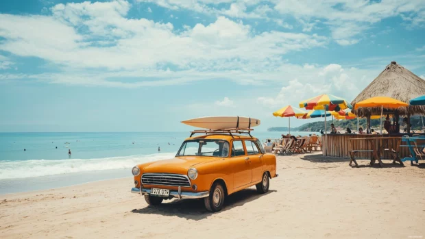 A vintage car with a surfboard on the roof, parked by the beach with retro tiki bars and colorful umbrellas in the background.