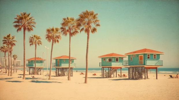 A vintage style photograph of a beach scene with faded colors, a grainy texture, and a retro filter.