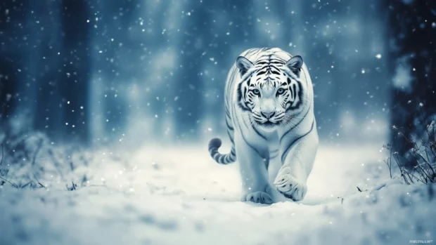 A white tiger prowling gracefully through a snowy forest, soft snowfall in the background, crisp cool colors of white and blue.