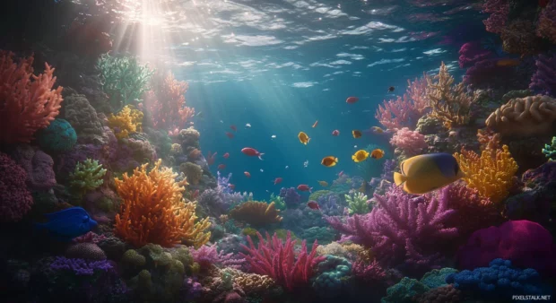 Aesthetic Tropical Wallpaper with a colorful underwater tropical coral reef with vibrant exotic fish swimming around, coral of various shapes and colors, including red, blue, yellow, and pink.