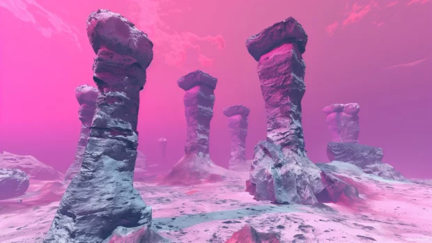 Alien desert with cool strange rock formations and a crimson sky.