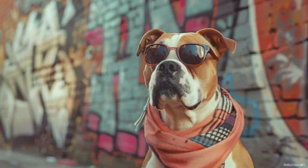 An artistic cool dog wearing sunglasses and a scarf, standing in front of a graffiti covered wall.