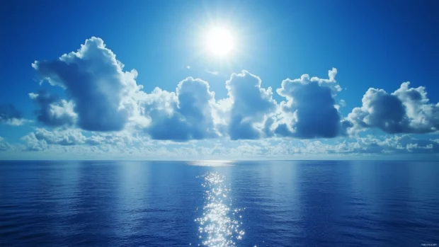 Bright blue clouds gently illuminated by the midday sun.