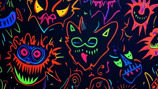 Cool Black desktop wallpaper with friendly monster faces in bright neon outlines.