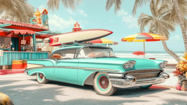 Cool Vintage HD Wallpaper with a vintage car with a surfboard on the roof, parked by the beach with retro tiki bars and colorful umbrellas in the background.