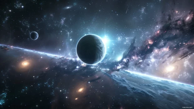 Cool dark space wallpaper with distant galaxies and shimmering stars.