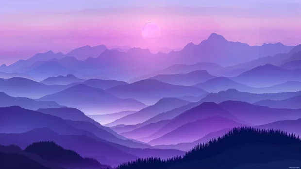 Cool wallpaper HD with mountain range at dawn with cool mist and rising sun.