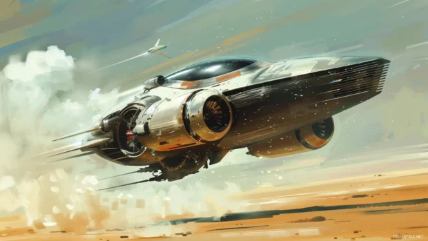Cool wallpaper with futuristic vehicle speeding through a cool desert landscape.