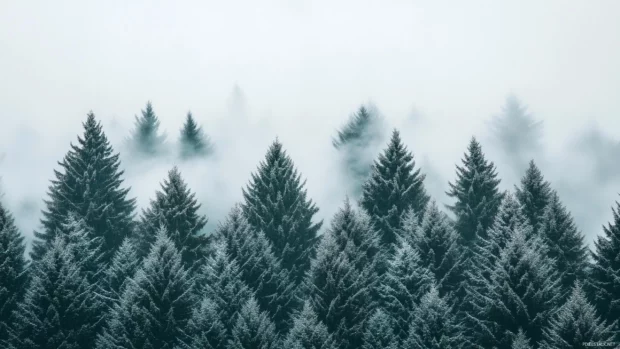 Cool winter forest desktop wallpaper with snow covered evergreen trees, a hint of mist rising from the ground, and a cool, blueish light illuminating the scene.