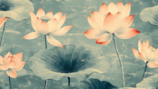 Free downloae Cool Vintage Wallpaper with a retro inspired wallpaper featuring lotus flowers and lily pads in soft pastel colors.