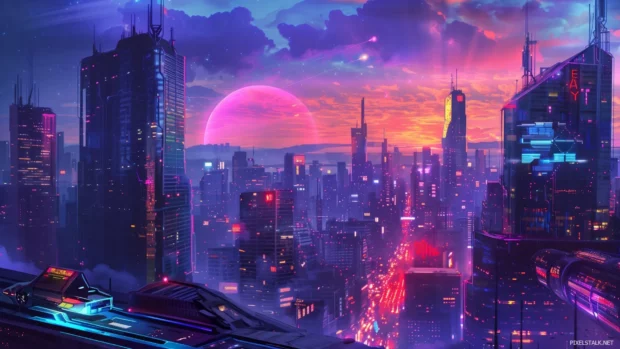 Futuristic cityscape at dusk, neon lights illuminating the cool skyline.