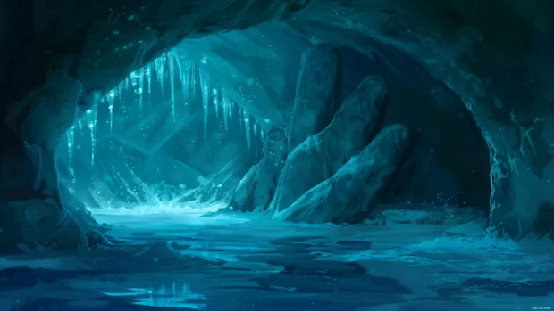 Ice cave interior with cool sparkling ice formations and blue hues.
