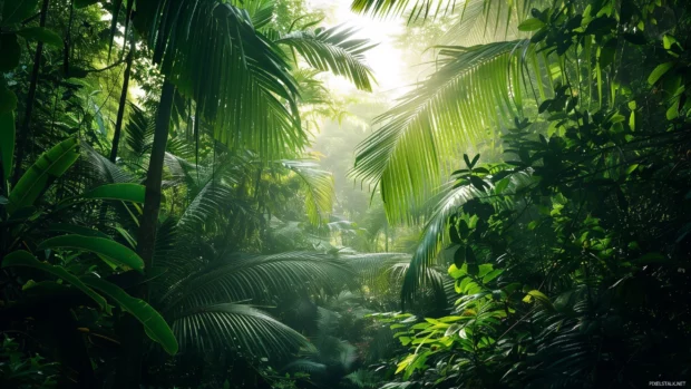 Tropical rainforest with dense foliage and cool exotic wildlife.