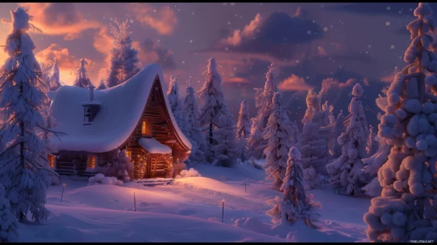 Winter wonderland with snow covered trees and a cool cozy cabin.