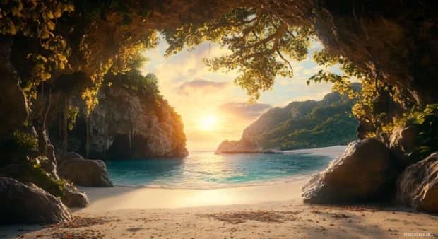 A 3D illustration of a beach with a hidden cave entrance for desktop background.