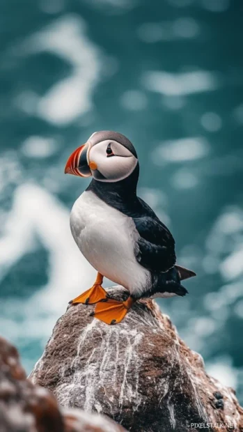 A Bird featuring a puffin looking out from a seaside cliff, dramatic ocean waves crashing below.