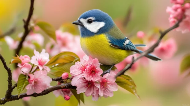 A Eurasian blue tit perched on a blooming cherry branch, surrounded by pink petals and morning dew.