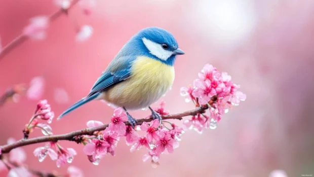 A Eurasian blue tit perched on a blooming cherry branch, surrounded by pink petals and morning dew.