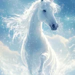 A anime style white horse standing on a cloud.