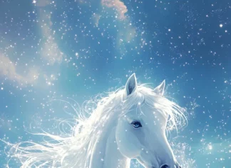 A anime style white horse standing on a cloud.