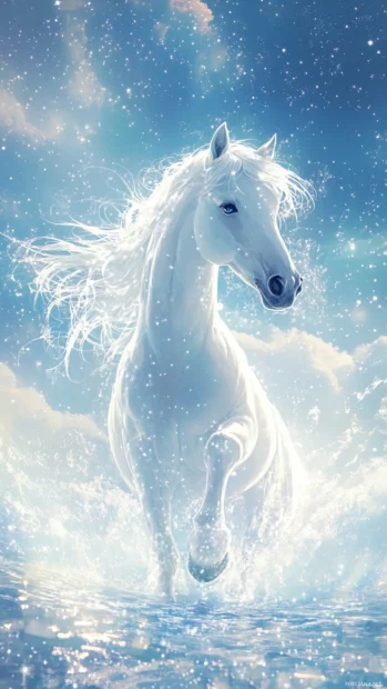 A anime style white horse standing on a cloud.