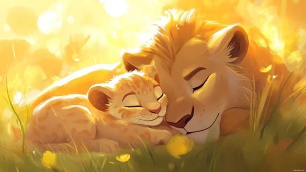 A baby Simba curled up beside his mother.