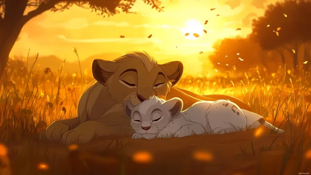 A baby Simba curled up beside his mother, Sarabi, sleeping peacefully under the golden glow of the afternoon sun .