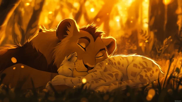 A baby Simba curled up beside his mother, sleeping under the golden glow .