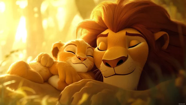 A baby Simba curled up beside his mother, under the golden glow of the afternoon sun .
