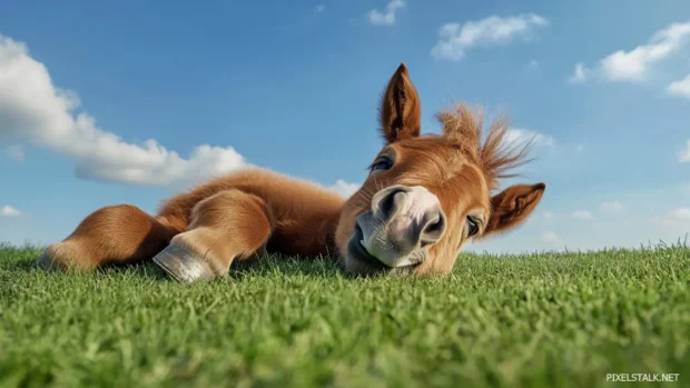 A baby horse with a flowy mane, enjoying the grass under a bright blue sky.