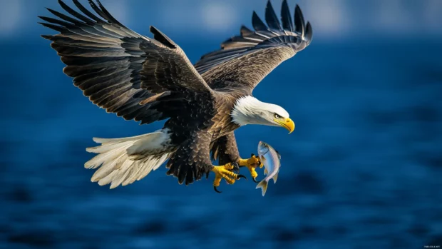 A bald eagle caught mid dive with its talons extended toward a fish.