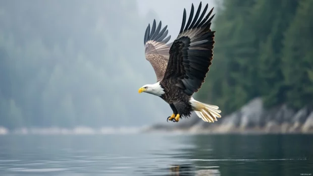 A bald eagle diving toward the surface of a mountain lake, talons stretched and focused on its prey.