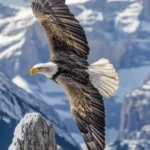A bald eagle flying across the vertical frame with mountain peaks below.