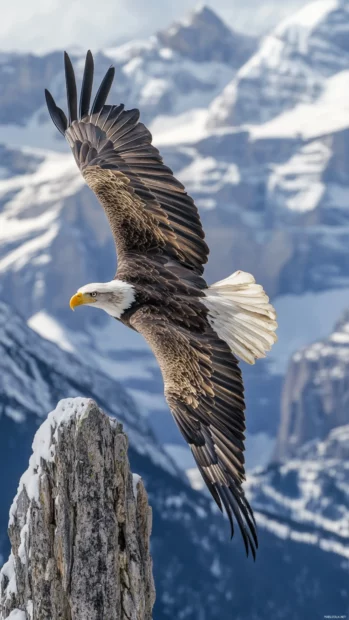 A bald eagle flying across the vertical frame with mountain peaks below.