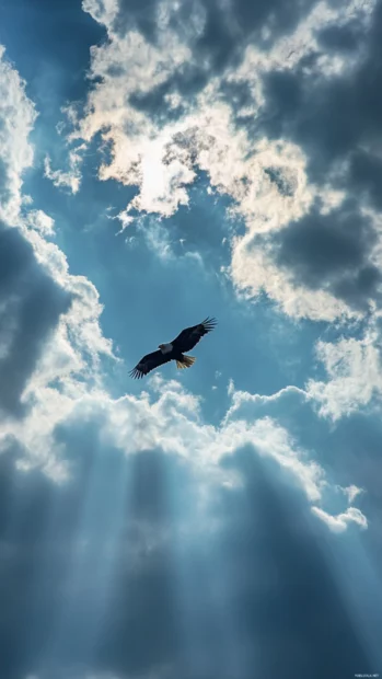 A bald eagle gliding through beams of sunlight breaking through the clouds.