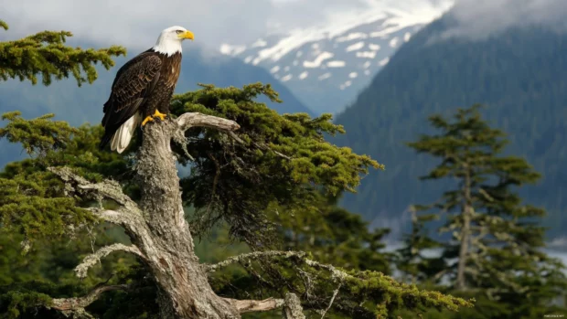 A bald eagle perched atop an old pine tree with distant mountain silhouette.
