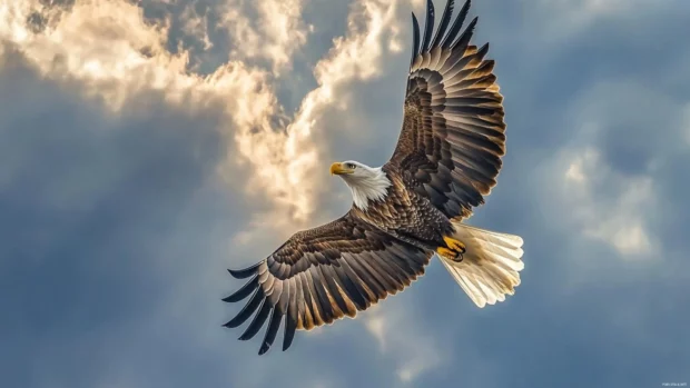 A bald eagle soaring above a canyon at sunrise, wings wide against the morning light and clouds.