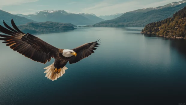 A bald eagle soaring above an alpine lake with its wings stretched wide.
